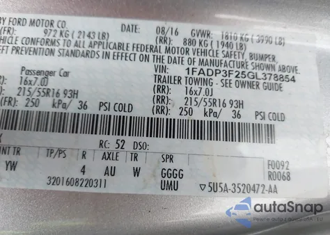 2016 Ford Focus Se z USA, uszkodzony, nr VIN 1FADP3F25GL378854